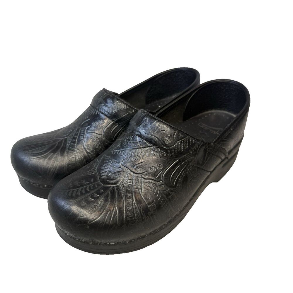 Dansko Professional Floral Black Embossed Leather Comfort Clog EU 36 US 6 EUC